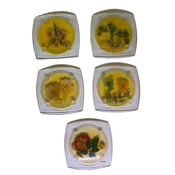 5 MCM ACRYLIC LUCITE FOOTED COASTERS WITH DRIED PRESSED FLOWERS - Picture 4 of 9